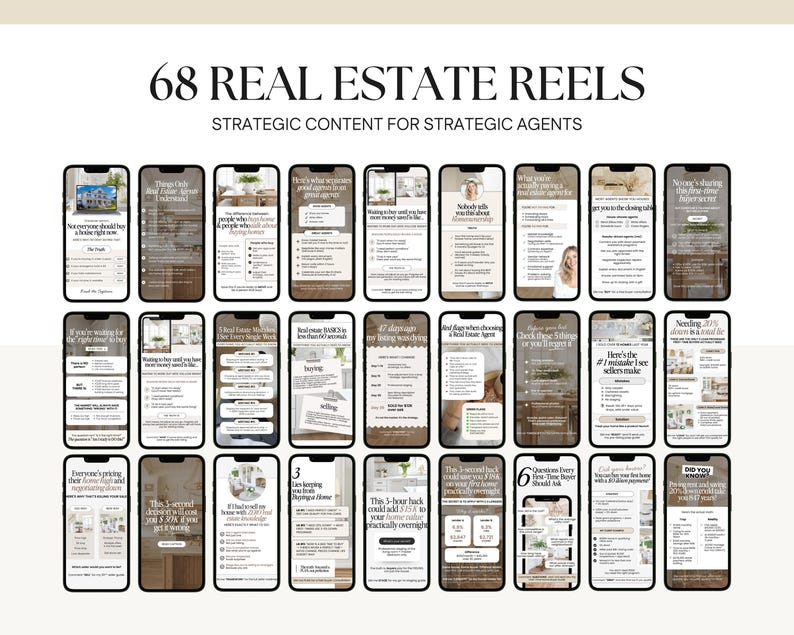 a collection of real estate-related mobile phone screens displaying various real estate-related content, including tips, advice, and information for strategic agents.
