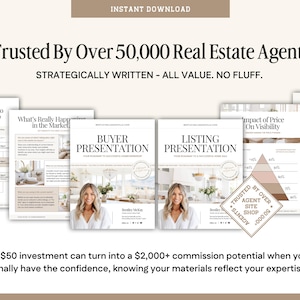 May include: A collage of images promoting real estate agent presentation materials. The text "Trusted by over 50,000 Real Estate Agents" is at the top of the image. The text "Strategically Written - All Value. No Fluff." is below the first line of text. The text "A $50 investment can turn into a $2,000+ commission potential when you finally have the confidence, knowing your materials reflect your expertise." is at the bottom of the image.