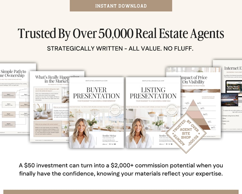 May include: A collage of images promoting real estate agent presentation materials. The text "Trusted by over 50,000 Real Estate Agents" is at the top of the image. The text "Strategically Written - All Value. No Fluff." is below the first line of text. The text "A $50 investment can turn into a $2,000+ commission potential when you finally have the confidence, knowing your materials reflect your expertise." is at the bottom of the image.