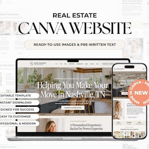 Könnte beinhalten: Eine Immobilien-Website-Vorlage für Canva, dargestellt auf einem Laptop- und Smartphone-Bildschirm. Das Design enthält den Text 'REAL ESTATE CANVA WEBSITE', 'Helping You Make Your Move in Nashville, TN' und 'KATE HADLEY'. Enthält ein kreisförmiges 'NEW'-Abzeichen.