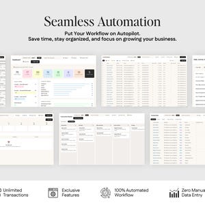 The image is a collage of multiple images, each depicting a different aspect of seamless automation. The images showcase various features and functionalities of the software, such as the ability to put your workflow on Autopilot, save time, stay organized, and focus on growing your business. The collage also includes a " Unlimited Transactions" feature, an " Exclusive Features" section, and a "Zero Manual Data Entry" section.