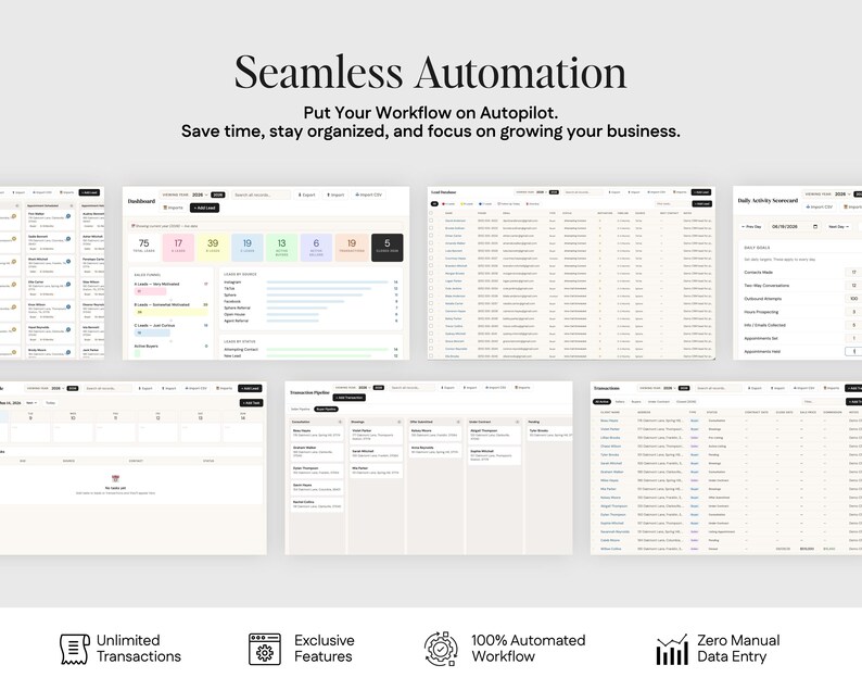 The image is a collage of multiple images, each depicting a different aspect of seamless automation. The images showcase various features and functionalities of the software, such as the ability to put your workflow on Autopilot, save time, stay organized, and focus on growing your business. The collage also includes a " Unlimited Transactions" feature, an " Exclusive Features" section, and a "Zero Manual Data Entry" section.