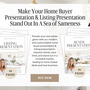 May include: A digital marketing guide for real estate agents, titled "Listing Presentation" and "Buyer Presentation". The guide features a woman in a white shirt and a white background with the text "34 Pages" and "Bentley McKay".