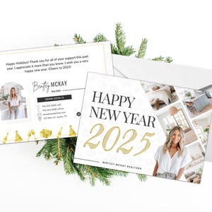 Cartão postal imobiliário de feliz ano novo | Cartão de ano novo empresarial | Modelo imobiliário Canva | Fazenda de férias | Cartão imobiliário 2025 | Canva
