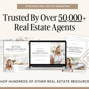 May include: A laptop computer displaying a real estate listing presentation on the screen. The laptop is surrounded by various real estate marketing materials, including a checklist, a buyer presentation, and a brochure titled "So You Think You Want to Go Unrepresented?" The image also includes a round seal with the text "Trusted by Over 50,000+ Agent Site Shop".