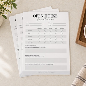 May include: A stack of white paper forms titled Open House Feedback with black text. The form includes fields for name, phone, address, and email, a rating grid for home features, and sections for overall impression and improvements needed.