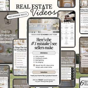 May include: A collection of smartphone screens displaying real estate video content. The screens feature text like "Real Estate Videos," "Instagram Reels," and tips for home buyers and sellers. The overall theme is real estate education.