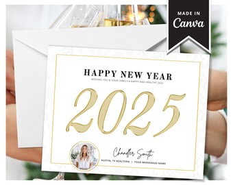 Real Estate Happy New Year Postcard | Business New Year Card | Real Estate Canva Template | Holiday Farming | 2025 Real Estate Card | Winter
