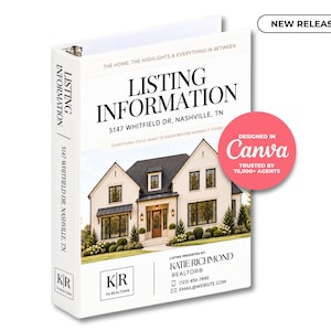 Peut inclure: Un classeur à trois anneaux blanc présentant une page de couverture de fiche immobilière avec une photo de maison, le texte LISTING INFORMATION, 5147 WHITFIELD DR, NASHVILLE, TN, et les coordonnées de Katie Richmond Realtor.