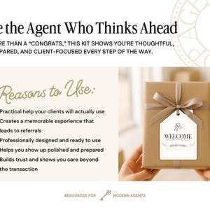 May include: A brown gift box tied with a light brown ribbon and a tag that says "WELCOME". The text on the image reads "Be the Agent Who Thinks Ahead" and "Reasons to Use:" with bullet points.