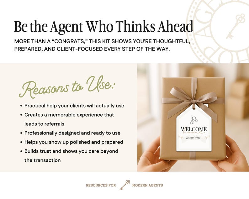May include: A brown gift box tied with a light brown ribbon and a tag that says "WELCOME". The text on the image reads "Be the Agent Who Thinks Ahead" and "Reasons to Use:" with bullet points.