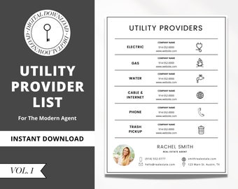 Real Estate Utility Provider List | Vendor Recommendations Guide | Home Buyer Guide | Real Estate Marketing | Modern Canva Template | Vol 1