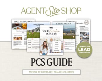 May include: A collection of printable guides for real estate agents, titled "Your Location PCS Guide." The guides are designed to help agents generate leads by providing information about local areas, cities, and communities. The guides are trusted by over 50,000 real estate agents.
