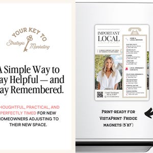 May include: A white refrigerator with a magnet featuring a realtor's contact information and local services. The magnet is labeled "Important Local Numbers" and is print-ready for VistaPrint fridge magnets, measuring 5x7 inches. Text on the left side reads "Your Key to Strategic Marketing."