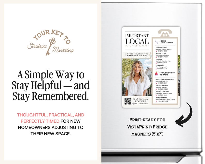 May include: A white refrigerator with a magnet featuring a realtor's contact information and local services. The magnet is labeled "Important Local Numbers" and is print-ready for VistaPrint fridge magnets, measuring 5x7 inches. Text on the left side reads "Your Key to Strategic Marketing."
