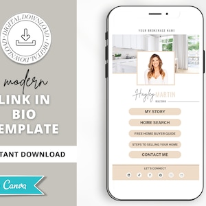 May include: A modern Link in Bio template for a real estate agent. The template features a photo of a woman, a business name, and a list of clickable links. The links include "My Story", "Home Search", "Free Home Buyer Guide", "Steps to Selling Your Home", and "Contact Me". The template also includes a "Let's Connect" section with social media icons.