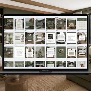 a laptop screen with a collage of various images, including interior design, home decor, and lifestyle-related content. The laptop is placed on a wooden table in a living room setting, with a couch and other furniture visible in the background. The collage consists of multiple images, but the exact number of images cannot be determined without more information.