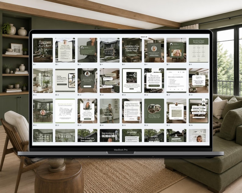 a laptop screen with a collage of various images, including interior design, home decor, and lifestyle-related content. The laptop is placed on a wooden table in a living room setting, with a couch and other furniture visible in the background. The collage consists of multiple images, but the exact number of images cannot be determined without more information.