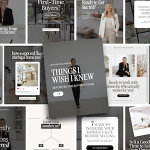 May include: A collection of real estate marketing graphics featuring a woman in a blazer. The graphics include text such as "First-Time Buyers?", "Things I Wish I Knew", and "7 Ways to Increase Your Home's Value". The overall theme is real estate and home buying.