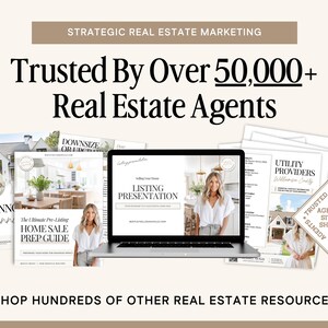 May include: An advertisement for real estate marketing resources. The image features a laptop displaying a listing presentation, surrounded by printed guides and documents. Text reads "Trusted By Over 50,000+ Real Estate Agents" and "Shop Hundreds of Other Real Estate Resources."