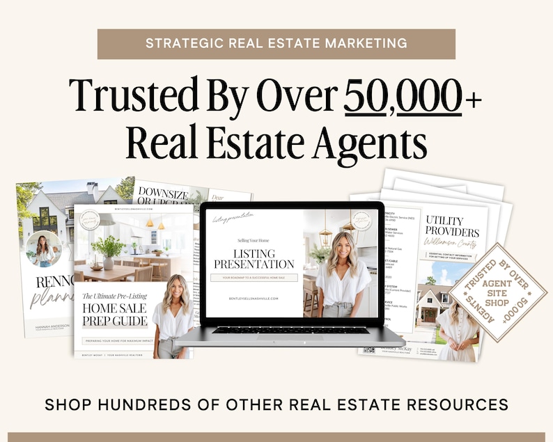 May include: An advertisement for real estate marketing resources. The image features a laptop displaying a listing presentation, surrounded by printed guides and documents. Text reads "Trusted By Over 50,000+ Real Estate Agents" and "Shop Hundreds of Other Real Estate Resources."
