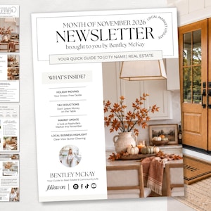 Può includere: Un modello di newsletter immobiliare per novembre 2026 intitolato Month of November 2026 Newsletter brought to you by Bentley McKay. Il documento presenta sezioni su traslochi, detrazioni fiscali, aggiornamenti di mercato e attività locali.