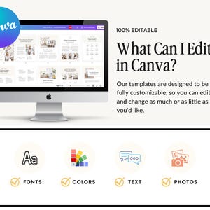 May include: A computer screen displaying a Canva template with the text "What Can I Edit in Canva?" and a description of the features that can be edited, including fonts, colors, text, and photos.