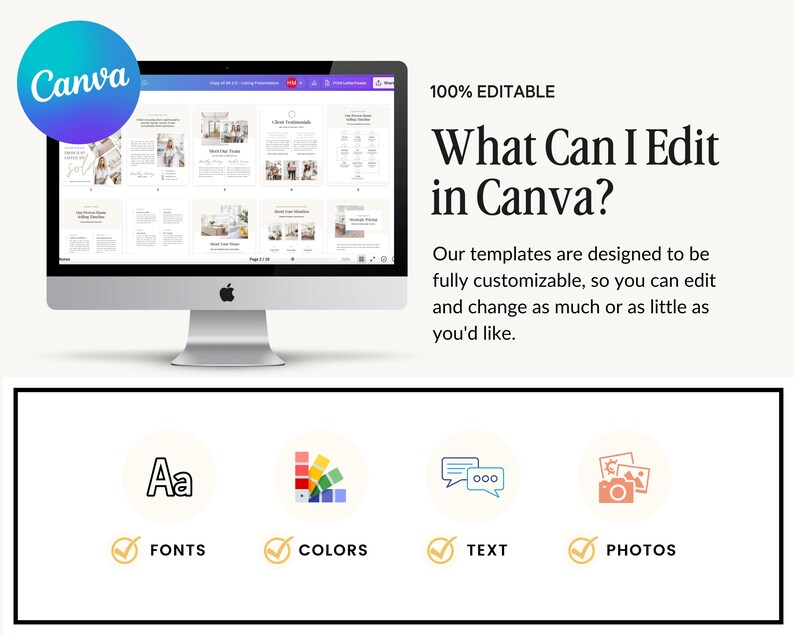 May include: A computer screen displaying a Canva template with the text "What Can I Edit in Canva?" and a description of the features that can be edited, including fonts, colors, text, and photos.