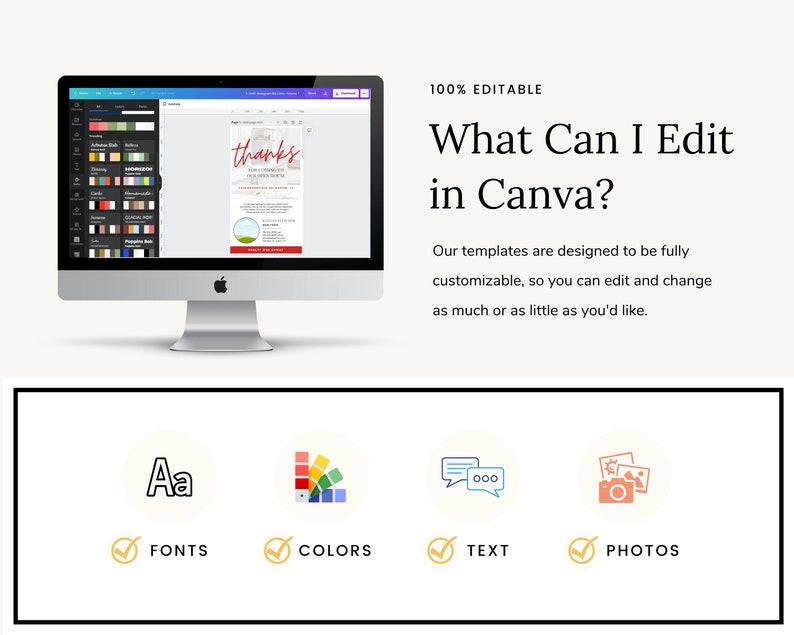 May include: A computer screen displaying a Canva design template with the text "thanks" in red. The image shows the Canva editor with options to edit fonts, colors, text, and photos.