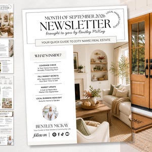 Puede incluir: Una plantilla de boletín inmobiliario para septiembre de 2026 de Bentley McKay. El documento presenta un fondo blanco con texto negro, una sección titulada What's Inside y una fotografía de una sala de estar con chimenea y puertas de madera.