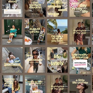 Peut inclure: Une grille de vingt-cinq images de réseaux sociaux présentant des photographies de style de vie, du café, des voyages et de la mode. Chaque carré contient du texte superposé en police jaune clair, incluant des phrases comme mood et life lately.