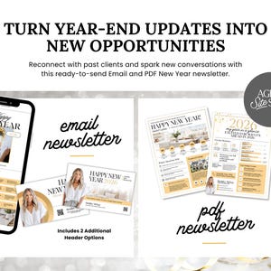 May include: An advertisement for a New Year's newsletter, featuring an email and PDF version. The image includes a smartphone displaying the email, along with printed examples. The text reads "Turn Year-End Updates into New Opportunities."