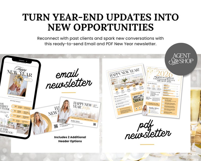 May include: An advertisement for a New Year's newsletter, featuring an email and PDF version. The image includes a smartphone displaying the email, along with printed examples. The text reads "Turn Year-End Updates into New Opportunities."
