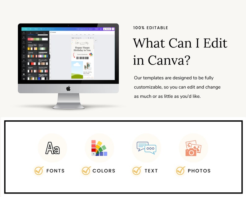 May include: A computer screen displaying a Canva design template with the text "Happy Happy Birthday to You". The image shows a customizable design template with options for fonts, colors, text, and photos.