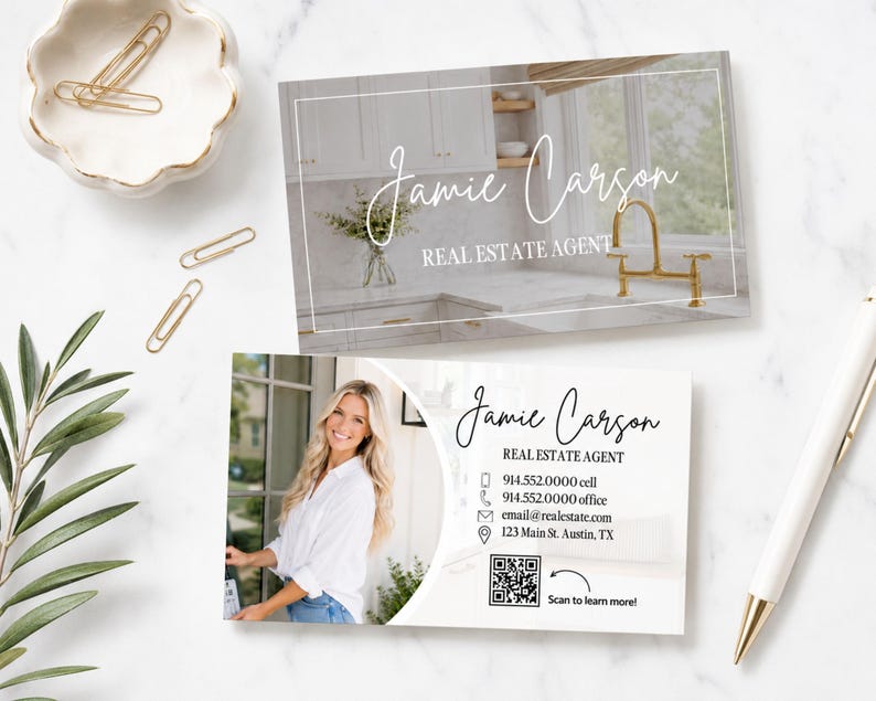 May include: Two rectangular business cards for a real estate agent named Jamie Carson. One card features a kitchen interior photo with gold faucet. The other card displays a portrait, contact details, a QR code, and the text Scan to learn more.