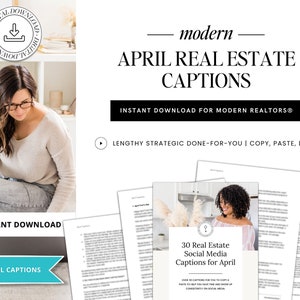 May include: A digital download of 30 real estate social media captions for April. The captions are designed to help real estate agents save time and show up consistently on social media. The image shows a woman sitting on the floor with a laptop and a stack of papers. The papers have the text "30 Real Estate Social Media Captions for April" on them.