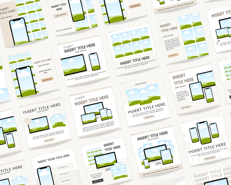 May include: A collection of social media post templates featuring a variety of layouts with different images of landscapes and text boxes. The templates are designed for use on platforms like Instagram and Facebook.