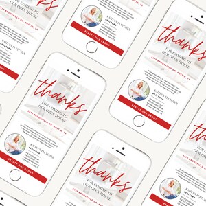 May include: A red and white phone screen mockup with the text "thanks for coming to our open house" and the address "5470 Brookfield Dr. Austin, TX". The screen also includes a photo of a woman and the text "Kaitlyn Fletcher, REALTOR&reg;, Realty One Group".