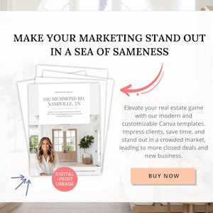 May include: A white and pink graphic with the text "Make your marketing stand out in a sea of sameness". The graphic features a stack of papers with a real estate listing for 1797 Richmond Rd. Nashville, TN. The graphic also includes a pink arrow pointing to the left and a pink button that says "Buy Now".