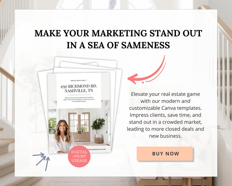 May include: A white and pink graphic with the text "Make your marketing stand out in a sea of sameness". The graphic features a stack of papers with a real estate listing for 1797 Richmond Rd. Nashville, TN. The graphic also includes a pink arrow pointing to the left and a pink button that says "Buy Now".