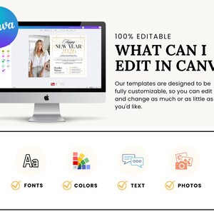 May include: A computer monitor displays a Canva template for a "Happy New Year 2026" invitation. The screen shows a woman in a white shirt. The image includes the text "100% EDITABLE" and "WHAT CAN I EDIT IN CANVA?" with icons for fonts, colors, text, and photos.
