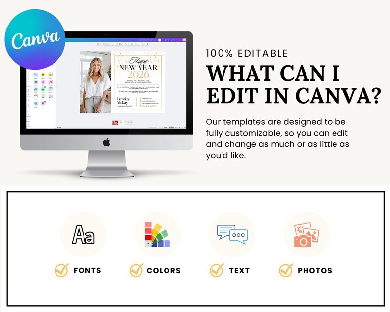May include: A computer monitor displays a Canva template for a "Happy New Year 2026" invitation. The screen shows a woman in a white shirt. The image includes the text "100% EDITABLE" and "WHAT CAN I EDIT IN CANVA?" with icons for fonts, colors, text, and photos.