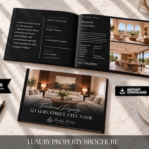 Könnte beinhalten: Eine schwarze Luxus-Immobilienbroschüre mit einem Deckblatt, das ein Wohnzimmerfoto und den Text 123 MAIN STREET, CITY NAME zeigt. Die aufgeschlagenen Innenseiten präsentieren Objektdetails, architektonische Angaben und Innenraumfotos.