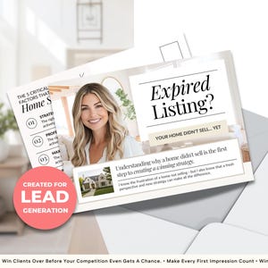 以下が含まれることがあります： 不動産マーケティングコンテンツのポストカードの束。1枚のカードには女性の写真とともに「Expired Listing?」と書かれています。別のカードには「5 Critical Factors That Home Sell」と記載。赤い円には「Created for Lead Generation」と書かれています。