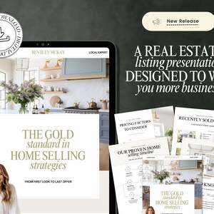 May include: A digital download for a real estate listing presentation. The presentation is designed to win more business and includes home selling strategies. The image features a tablet with a home interior and a woman's portrait.