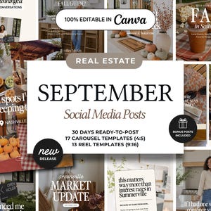 May include: A digital collection of social media templates for real estate professionals, featuring 30 days of ready-to-post content, 17 carousel templates in 4:5 aspect ratio, and 13 reel templates in 9:16 aspect ratio, all 100% editable in Canva.