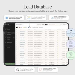 The image is a screenshot of a digital interface for a lead database, displaying various features and options for managing and analyzing leads.