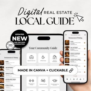 Puede incluir: Una plantilla de guía local de bienes raíces digital con pantallas de teléfono inteligente que muestran listados de restaurantes y categorías comunitarias. El texto dice Digital Real Estate Local Guide, Updated New Use For Lead Generation y Made In Canva + Clickable.