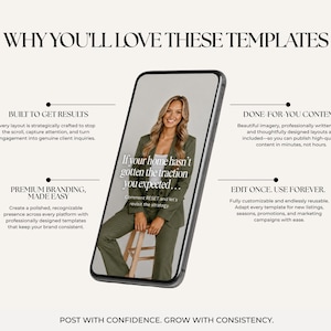 a smartphone displaying a website with a woman in a green outfit. The website has a clean, professional design and includes a template for creating a premium branding and content. The image does not contain any text, and the focus is on the website and the woman in the outfit.