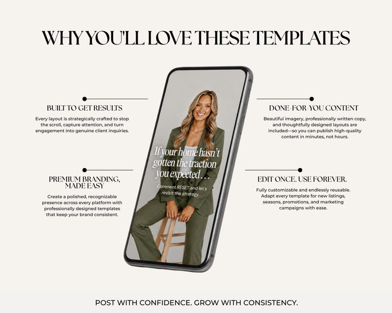 a smartphone displaying a website with a woman in a green outfit. The website has a clean, professional design and includes a template for creating a premium branding and content. The image does not contain any text, and the focus is on the website and the woman in the outfit.